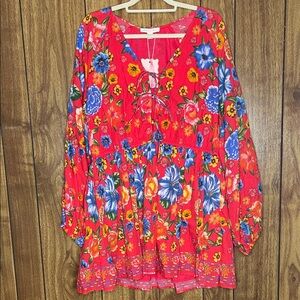 Chelsea & Violet Floral Long Sleeve Dress - Red and Blue